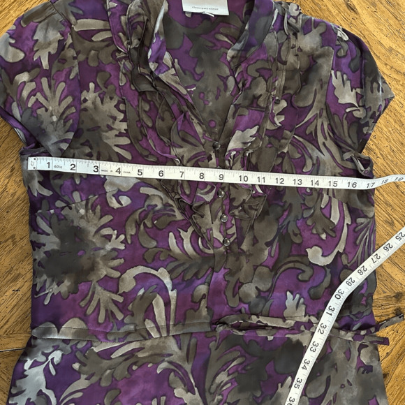 Classiques Entier Purple Grey 100% Silk Shirt Short Sleeve Ruffles Womans XS GUC - Picture 8 of 15